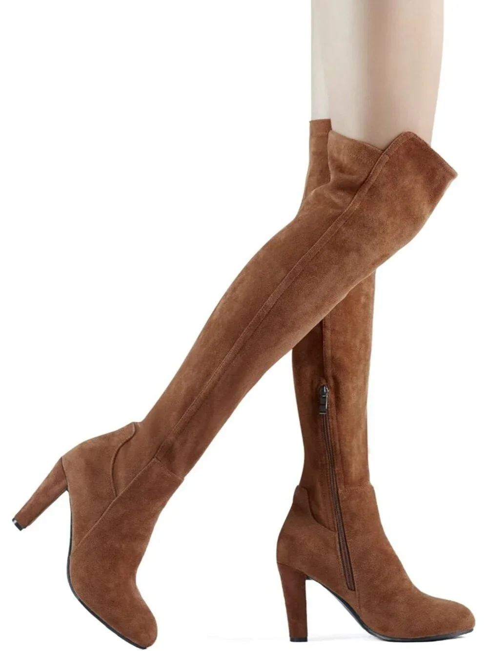 Women's Dark Brown Faux Suede Chunky Heel Stretch Over The Knee Thigh High Boots